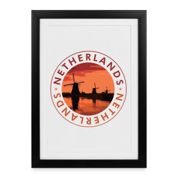Netherlands Windmills Evening Stamp - Framed poster (27 × 37 cm) - black - Front