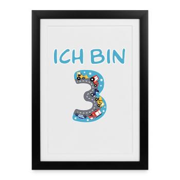 Geburtstagszahl Drei mit Spielzeugmaschinen - Gerahmtes Poster (27 × 37 cm) - Schwarz - Vorne