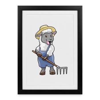 Schaf Landwirt Harke Bauernhof - Gerahmtes Poster (27 × 37 cm) - Schwarz - Vorne