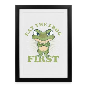 « Eat The Frog First » Vintage Comic Gestion du temps - Affiche encadrée (27 × 37 cm) - noir - Devant