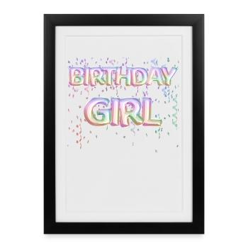 « Birthday Girl » Ballons de diapositives confettis - Affiche encadrée (27 × 37 cm) - noir - Devant