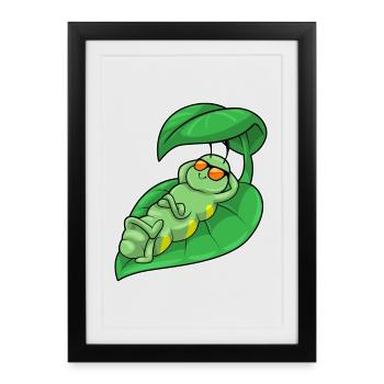 Caterpillar with leaf as parasol - Framed poster (27 × 37 cm) - black - Front