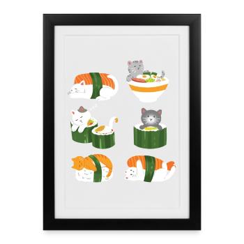 Sushi Chat Japon Anime Kawaii - Affiche encadrée (27 × 37 cm) - noir - Devant