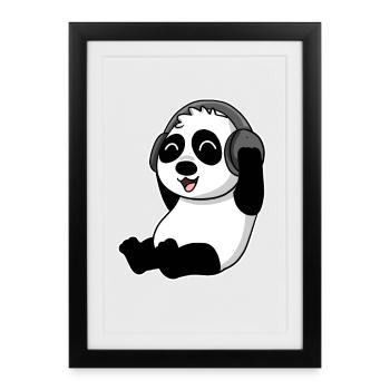 Bébé Panda animal écoute de la musique avec des écouteurs - Affiche encadrée (27 × 37 cm) - noir - Devant