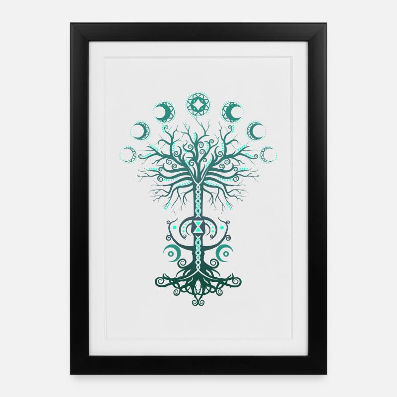 Ygdrassil Moon Phase Lebensbaum Occult Pagan - Gerahmtes Poster (27 × 37 cm) - Schwarz