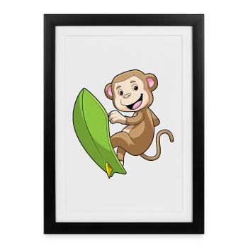 Affe Surfen Surfbrett Sommer - Gerahmtes Poster (27 × 37 cm) - Schwarz - Vorne