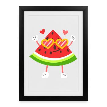 Wassermelone Obst Kawaii - Gerahmtes Poster (27 × 37 cm) - Schwarz - Vorne