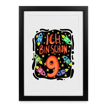 Ich bin schon 9 Geburtstag mit Raketen Weltall - Gerahmtes Poster (27 × 37 cm) - Schwarz - Vorne