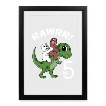 5 dinosaures dinosaures Dino 5ème anniversaire - Affiche encadrée (27 × 37 cm) - noir - Devant