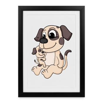 Hund Familie - Hund mit Baby - Hund mit Kind - Gerahmtes Poster (27 × 37 cm) - Schwarz - Vorne
