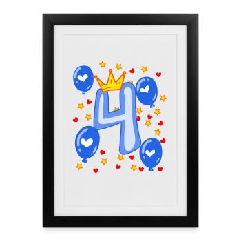 4th Birthday Young Balloons Crown Stars - Framed poster (27 × 37 cm) - black - Front