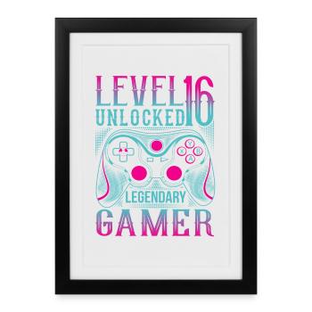 16ème anniversaire Niveau 16 Gamer Gamer Jeux de jeu - Affiche encadrée (27 × 37 cm) - noir - Devant