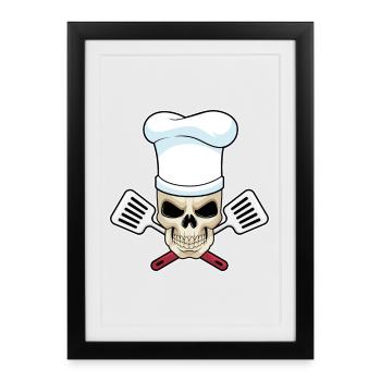 Totenkopf Koch Pfannenwender Kochen - Gerahmtes Poster (27 × 37 cm) - Schwarz - Vorne