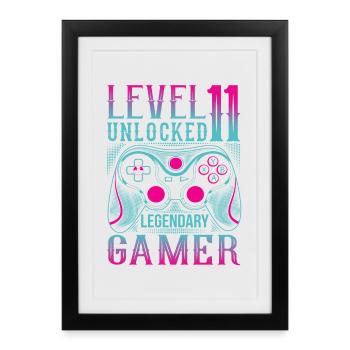 11e anniversaire niveau 11 Gamer Jeux De Jeu - Affiche encadrée (27 × 37 cm) - noir - Devant