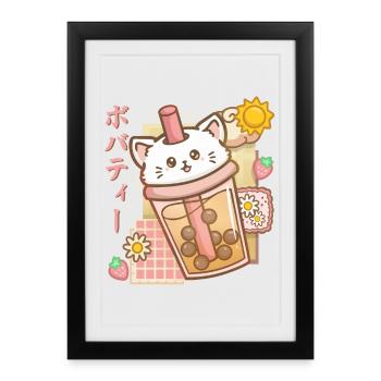 Boba Tea Katze Bubble Tea Anime Kawaii - Gerahmtes Poster (27 × 37 cm) - Schwarz - Vorne
