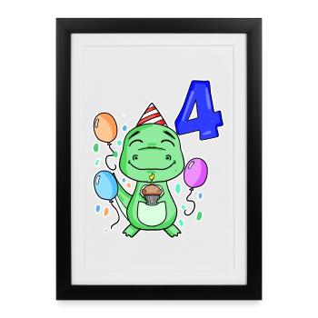 4 ans - Dinosaures - Cadeau de 4ème anniversaire - Affiche encadrée (27 × 37 cm) - noir - Devant