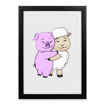 Pig and sheep cuddle cute animals - Framed poster (27 × 37 cm) - black - Front
