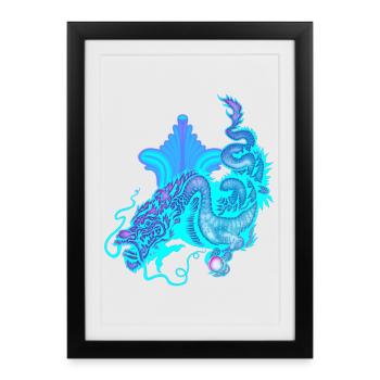 Bright Blue Chinese Dragon - Framed poster (27 × 37 cm) - black - Front