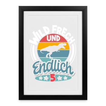 5 Jahre 5. Geburtstag Dino Dinosaurier - Gerahmtes Poster (27 × 37 cm) - Schwarz - Vorne