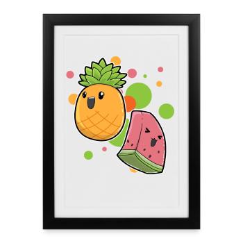 Ananas Wassermelone Kawaii - Gerahmtes Poster (27 × 37 cm) - Schwarz - Vorne