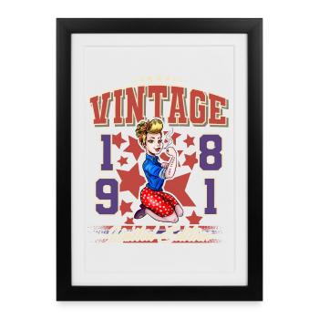 1981 Année de naissance Anniversaire Vintage Rockabilly - Affiche encadrée (27 × 37 cm) - noir - Devant