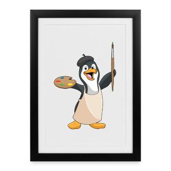 Peinture au pinceau peintre de manchots - Affiche encadrée (27 × 37 cm) - noir - Devant