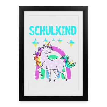 Schulkind Glitzer Einhorn mit Regenbogen - Gerahmtes Poster (27 × 37 cm) - Schwarz - Vorne