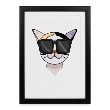 Chat Bobtail japonais avec lunettes de soleil - Affiche encadrée (27 × 37 cm) - noir - Devant