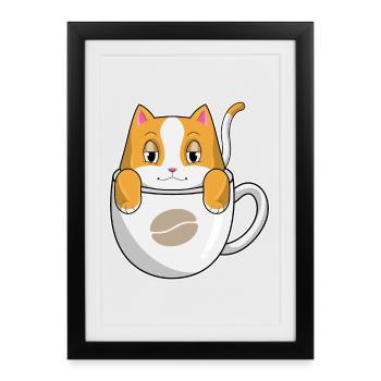 Katze Kaffee Tasse - Gerahmtes Poster (27 × 37 cm) - Schwarz - Vorne