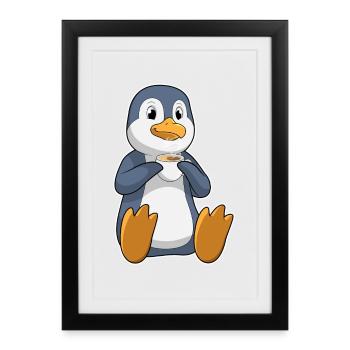 Pinguin Kaffee Tasse - Gerahmtes Poster (27 × 37 cm) - Schwarz - Vorne