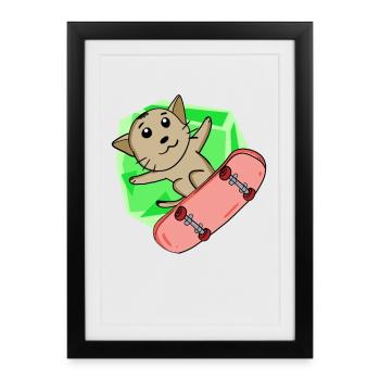 Chat Abyssin chat comme patineur avec skateboard - Affiche encadrée (27 × 37 cm) - noir - Devant