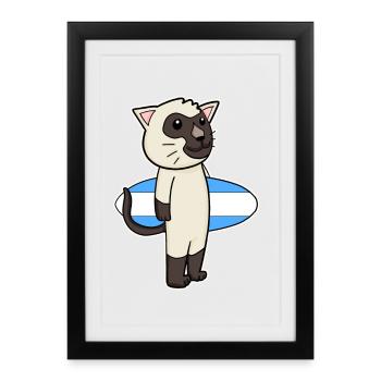 Planche de surf Cat Siamese Cat Surfing Gift - Affiche encadrée (27 × 37 cm) - noir - Devant