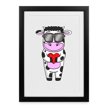 Vache avec lunettes de soleil et cœur - Affiche encadrée (27 × 37 cm) - noir - Devant