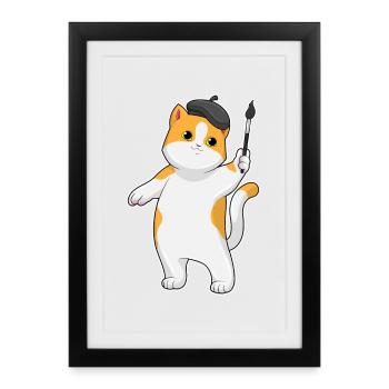 Peintre de chat Peintre Peinture au pinceau - Affiche encadrée (27 × 37 cm) - noir - Devant