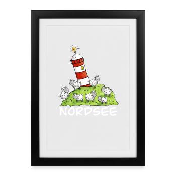 Nordsee Leuchtturm Und Schafe Auf Der Nordseeinsel - Gerahmtes Poster (27 × 37 cm) - Schwarz - Vorne