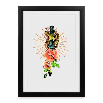 Superbe serpent avec des fleurs. - Affiche encadrée (27 × 37 cm) - noir - Devant