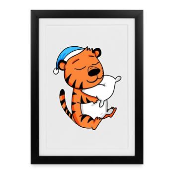 Tigre avec oreiller et bonnet de couchage - Affiche encadrée (27 × 37 cm) - noir - Devant