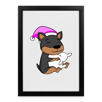 Dog Dwarf Pinscher with pillow and sleeping cap - Framed poster (27 × 37 cm) - black - Front
