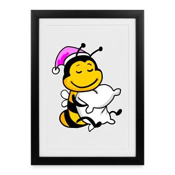 Abeille avec oreiller et bonnet de couchage - Affiche encadrée (27 × 37 cm) - noir - Devant