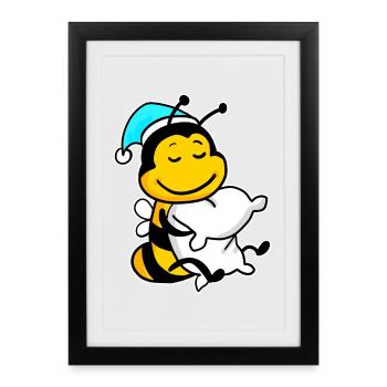 Abeille avec oreiller et bonnet de couchage - Affiche encadrée (27 × 37 cm) - noir - Devant