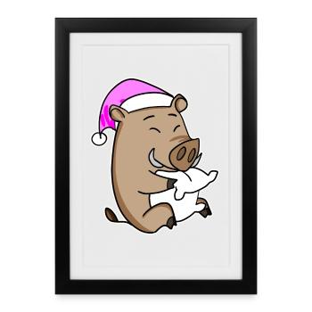 Sanglier avec oreiller et bonnet de couchage - Affiche encadrée (27 × 37 cm) - noir - Devant