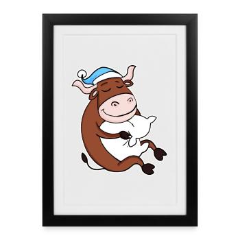 Bœuf avec oreiller et bonnet de couchage - Affiche encadrée (27 × 37 cm) - noir - Devant