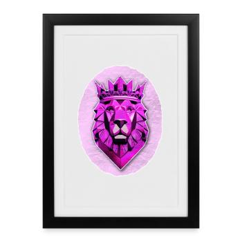 Lion géométrique à la couronne magenta - Affiche encadrée (27 × 37 cm) - noir - Devant
