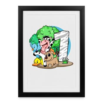 1st birthday Cute animals 1 year old - Framed poster (27 × 37 cm) - black - Front