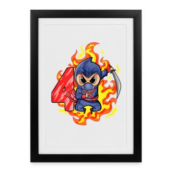 4ème anniversaire Garçon de 4 ans Ninja - Affiche encadrée (27 × 37 cm) - noir - Devant