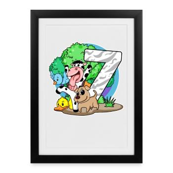 7ème anniversaire Animaux mignons 7 ans - Affiche encadrée (27 × 37 cm) - noir - Devant