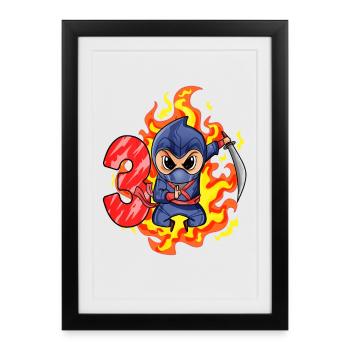 3ème anniversaire Garçon 3 ans Ninja - Affiche encadrée (27 × 37 cm) - noir - Devant