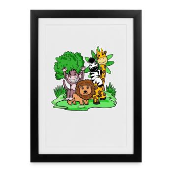 Cute Animals Monkey Lion Zebra Giraffe - Framed poster (27 × 37 cm) - black - Front