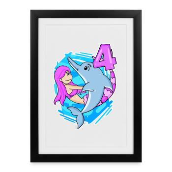 4ème anniversaire Fille 4 ans Sirène - Affiche encadrée (27 × 37 cm) - noir - Devant