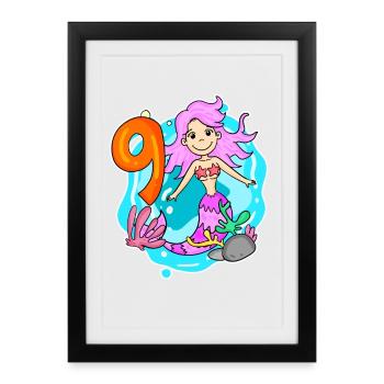 Girl 9 years old 9th birthday mermaid - Framed poster (27 × 37 cm) - black - Front